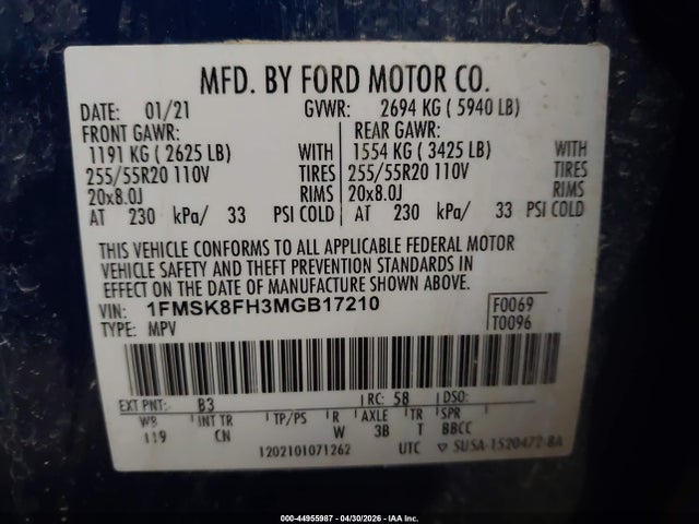 2021 Ford Explorer Limited მანქანა იყიდება აუქციონზე, vin: 1FMSK8FH3MGB17210, აუქციონის ნომერი: 44955987