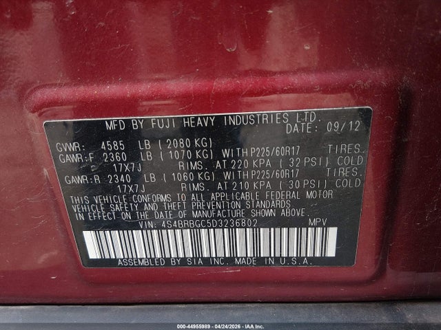 Aukcja sprzedaży 2013 Subaru Outback 2.5i Premium, vin: 4S4BRBGC5D3236802, numer aukcji: 44955989