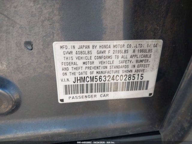 44955992 :رقم المزاد ، JHMCM56324C028515 vin ، 2004 Honda Accord 2.4 Lx مزاد بيع