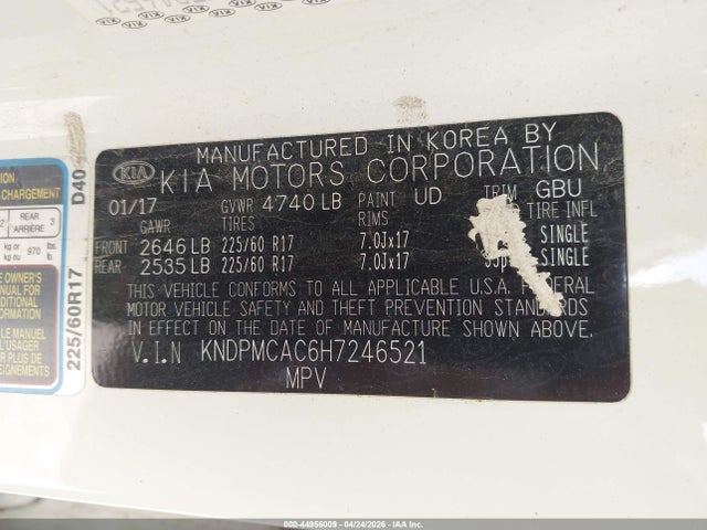 44956009 :رقم المزاد ، KNDPMCAC6H7246521 vin ، 2017 Kia Sportage Lx مزاد بيع