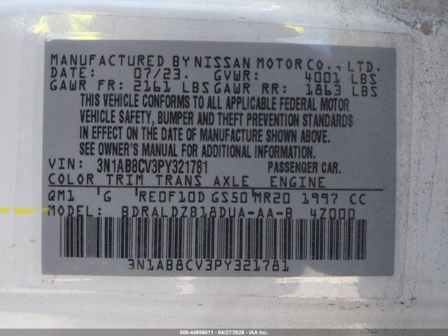 Aukcja sprzedaży 2023 Nissan Sentra Sv Xtronic Cvt, vin: 3N1AB8CV3PY321781, numer aukcji: 44956011