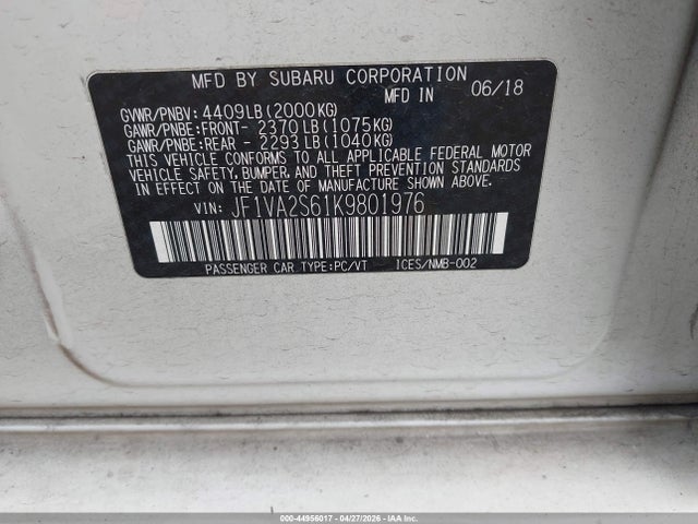 44956017 :رقم المزاد ، JF1VA2S61K9801976 vin ، 2019 Subaru Wrx Sti مزاد بيع