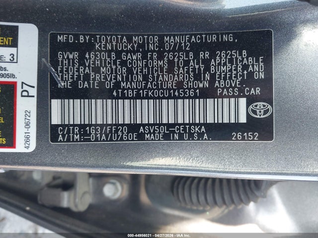 Продажа на аукционе авто 2012 Toyota Camry Se, vin: 4T1BF1FK0CU145361, номер лота: 44956021