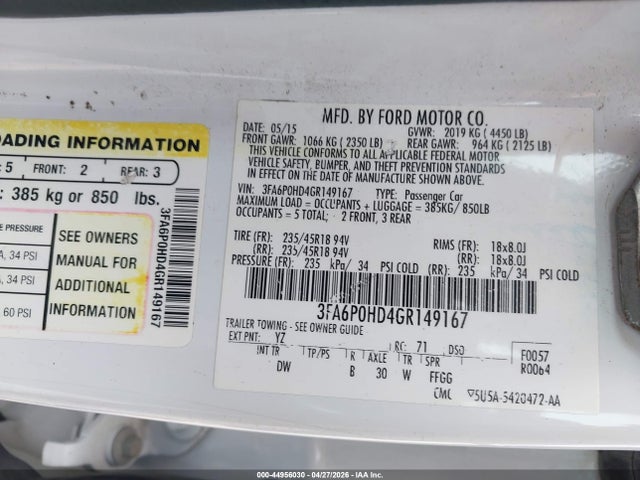 Aukcja sprzedaży 2016 Ford Fusion Se, vin: 3FA6P0HD4GR149167, numer aukcji: 44956030