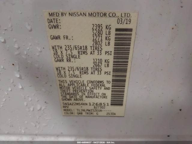Aukcja sprzedaży 2019 Nissan Murano S, vin: 5N1AZ2MS4KN126851, numer aukcji: 44956037