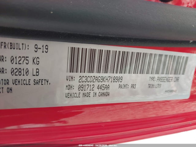 Dodge Challenger Sxt 2019 2C3CDZAG9KH718909 Image 9