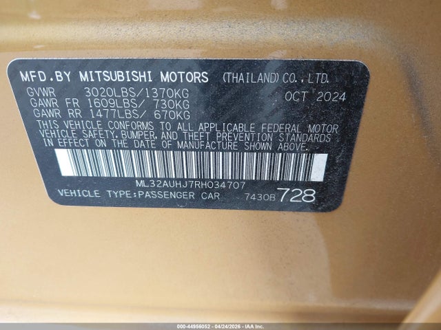 44956052 :رقم المزاد ، ML32AUHJ7RH034707 vin ، 2024 Mitsubishi Mirage Es مزاد بيع
