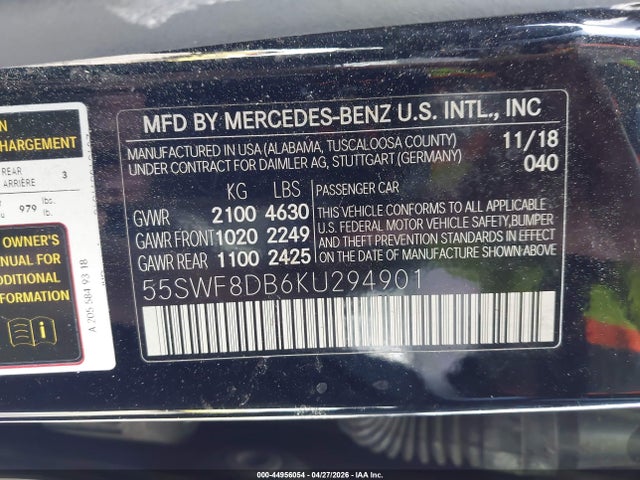 44956054 :رقم المزاد ، 55SWF8DB6KU294901 vin ، 2019 Mercedes-benz C 300 مزاد بيع