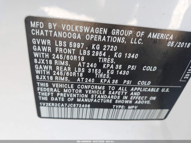 44956058 :رقم المزاد ، 1V2KR2CA7JC572406 vin ، 2018 Volkswagen Atlas 3.6l V6 Se مزاد بيع