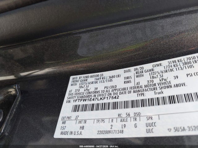 Aukcja sprzedaży 2020 Ford F-150 Lariat, vin: 1FTFW1E47LKF17542, numer aukcji: 44956060