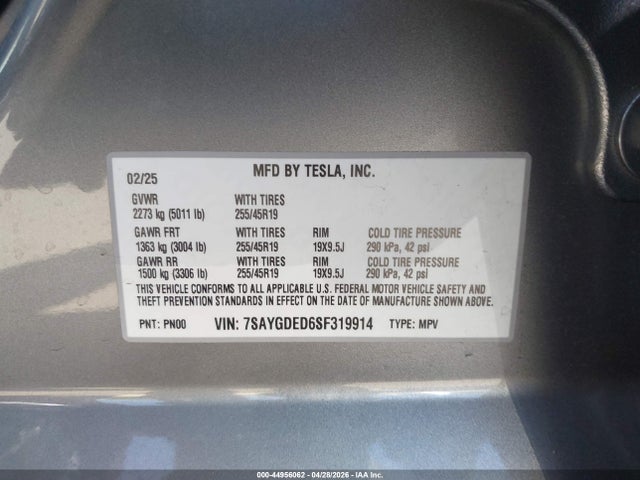 Продажа на аукционе авто 2025 Tesla Model Y Long Range Dual Motor Rear-wheel Drive, vin: 7SAYGDED6SF319914, номер лота: 44956062