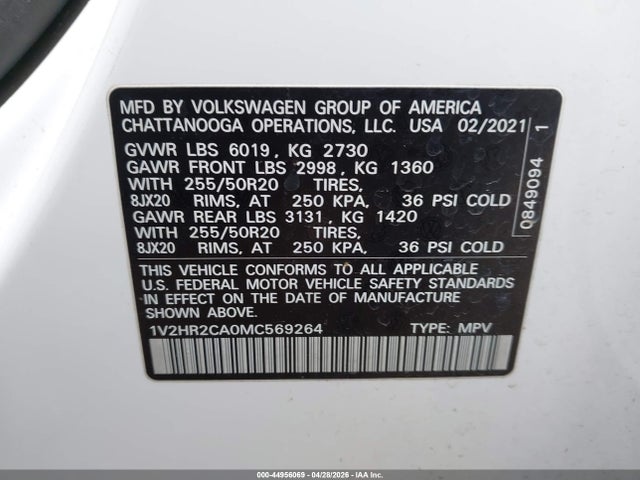 Продажа на аукционе авто 2021 Volkswagen Atlas 3.6l V6 Se W/technology, vin: 1V2HR2CA0MC569264, номер лота: 44956069