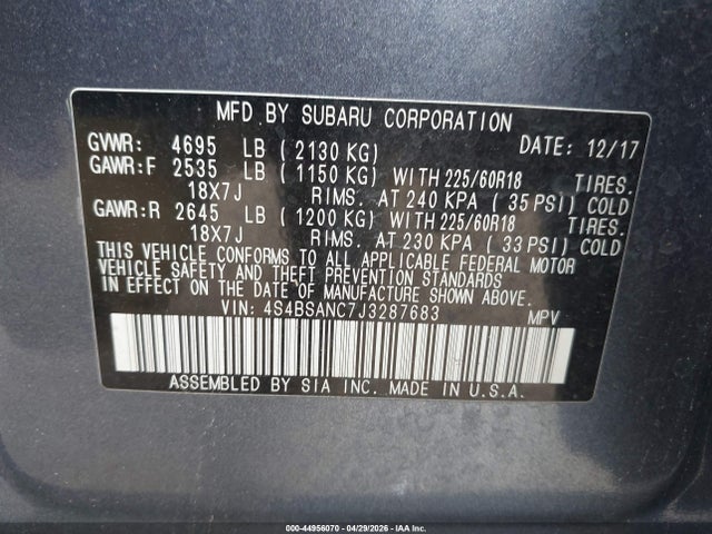 44956070 :رقم المزاد ، 4S4BSANC7J3287683 vin ، 2018 Subaru Outback 2.5i Limited مزاد بيع