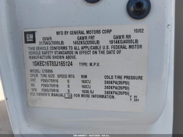 Aukcja sprzedaży 2003 Gmc Yukon Xl 1500 Sle, vin: 1GKEC16T83J165124, numer aukcji: 44956071