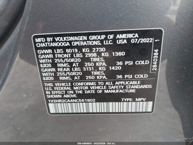 Продаж на аукціоні авто 2022 Volkswagen Atlas 3.6l V6 Se W/technology, vin: 1V2HR2CA4NC561802, номер лоту: 44956081