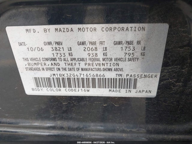 Продажа на аукционе авто 2007 Mazda Mazda3 I Touring, vin: JM1BK32G471656866, номер лота: 44956086