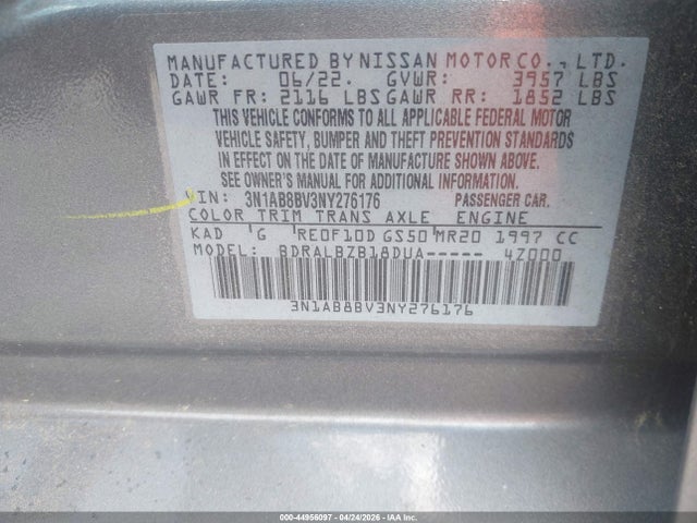 2022 Nissan Sentra S Xtronic Cvt მანქანა იყიდება აუქციონზე, vin: 3N1AB8BV3NY276176, აუქციონის ნომერი: 44956097