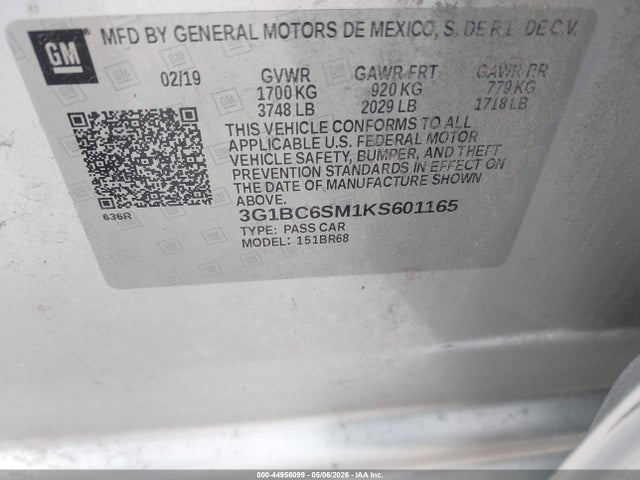 44956099 :رقم المزاد ، 3G1BC6SM1KS601165 vin ، 2019 Chevrolet Cruze Ls مزاد بيع