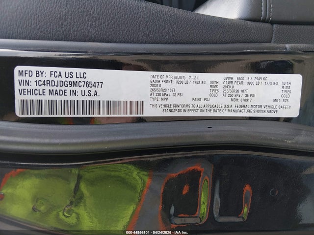 44956101 :رقم المزاد ، 1C4RDJDG9MC765477 vin ، 2021 Dodge Durango Gt Plus Awd مزاد بيع