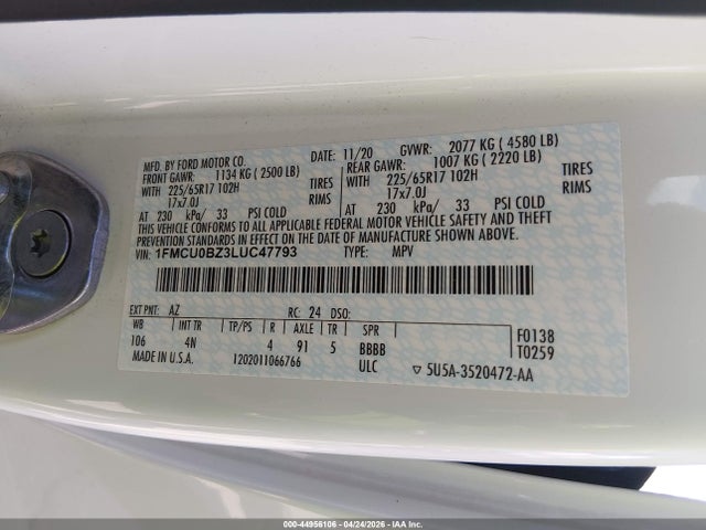 44956106 :رقم المزاد ، 1FMCU0BZ3LUC47793 vin ، 2020 Ford Escape Se Sport Hybrid مزاد بيع