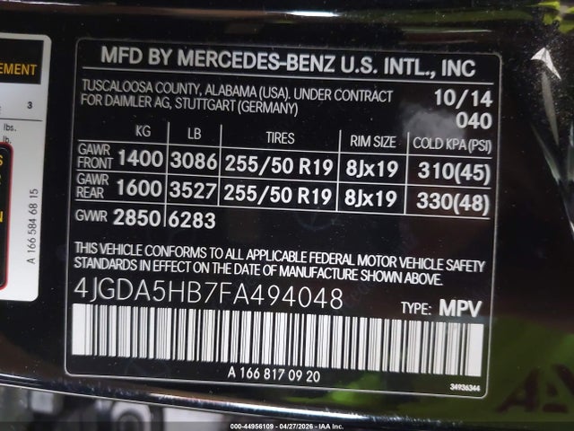 44956109 :رقم المزاد ، 4JGDA5HB7FA494048 vin ، 2015 Mercedes-benz Ml 350 4matic مزاد بيع