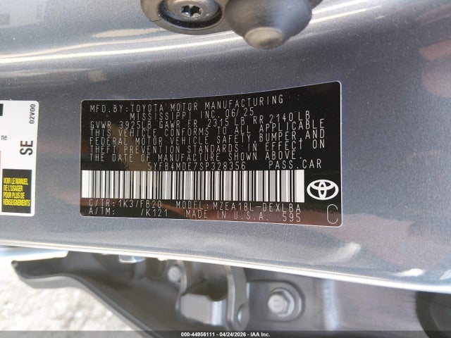 Продаж на аукціоні авто 2025 Toyota Corolla Le, vin: 5YFB4MDE7SP328356, номер лоту: 44956111