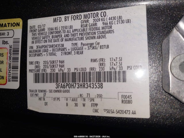 3FA6P0H73HR343538 Ford FUSION SE