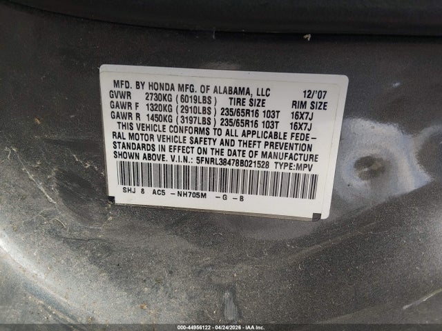 Продаж на аукціоні авто 2008 Honda Odyssey Ex, vin: 5FNRL38478B021528, номер лоту: 44956122