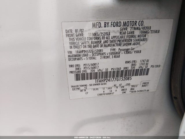 44956126 :رقم المزاد ، 1FAHP24177G152085 vin ، 2007 Ford Five Hundred Sel مزاد بيع