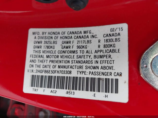 44956128 :رقم المزاد ، 2HGFB6E50FH703308 vin ، 2015 Honda Civic Si مزاد بيع