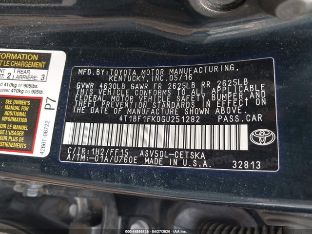 Aukcja sprzedaży 2016 Toyota Camry Se, vin: 4T1BF1FK0GU251282, numer aukcji: 44956136