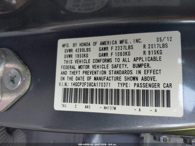 Продаж на аукціоні авто 2012 Honda Accord 2.4 Lx, vin: 1HGCP2F38CA170371, номер лоту: 44956143
