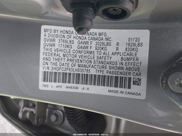 2020 Honda Civic Lx მანქანა იყიდება აუქციონზე, vin: 2HGFC2F63LH535785, აუქციონის ნომერი: 44956145
