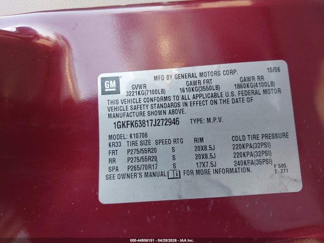 Продаж на аукціоні авто 2007 Gmc Yukon Denali, vin: 1GKFK63817J272946, номер лоту: 44956151