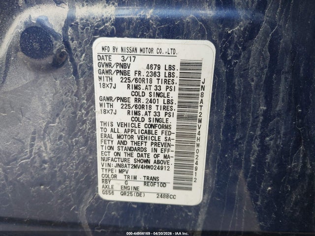44956169 :رقم المزاد ، JN8AT2MV4HW024912 vin ، 2017 Nissan Rogue Sl مزاد بيع