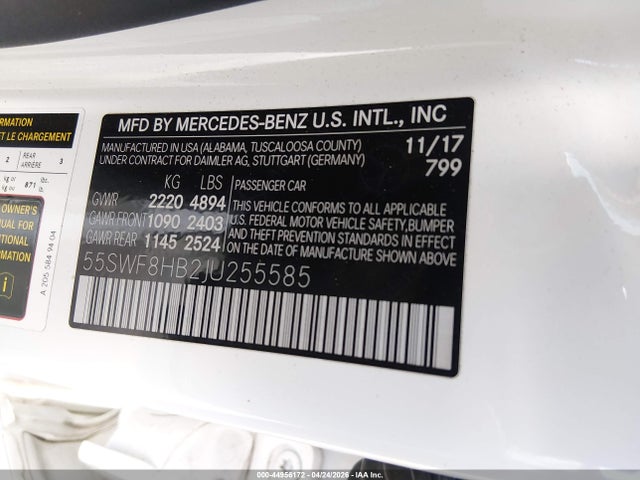 Продажа на аукционе авто 2018 Mercedes-benz Amg C 63 S, vin: 55SWF8HB2JU255585, номер лота: 44956172