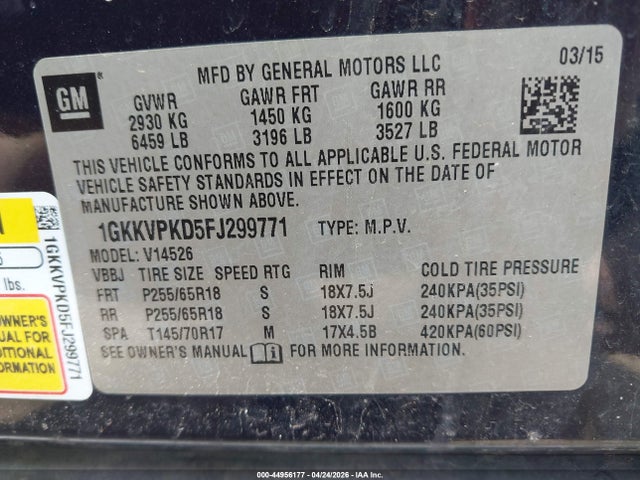 44956177 :رقم المزاد ، 1GKKVPKD5FJ299771 vin ، 2015 Gmc Acadia Sle-2 مزاد بيع