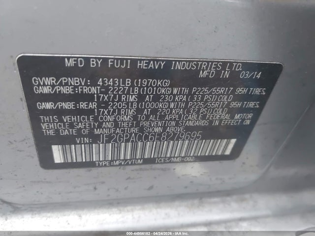 44956182 :رقم المزاد ، JF2GPACC6E8279695 vin ، 2014 Subaru Xv Crosstrek 2.0i Premium مزاد بيع