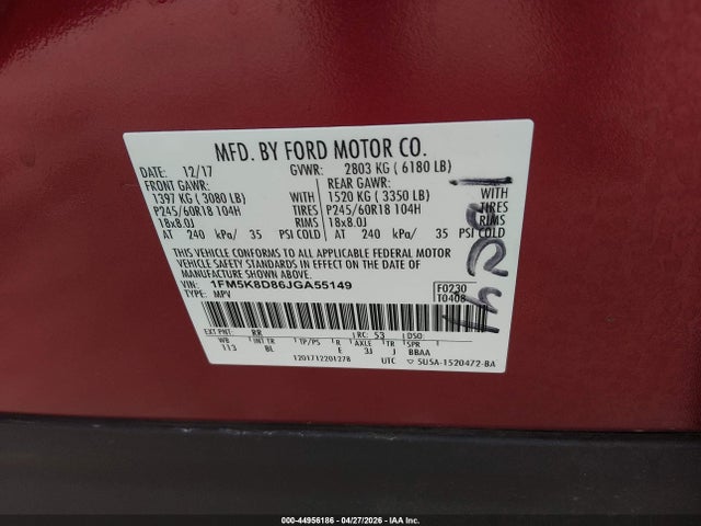 Aukcja sprzedaży 2018 Ford Explorer Xlt, vin: 1FM5K8D86JGA55149, numer aukcji: 44956186
