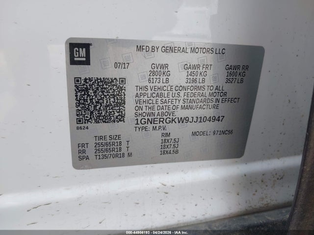 1GNERGKW9JJ104947 Chevrolet Traverse 1lt