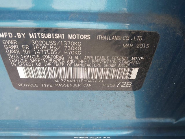 Aukcja sprzedaży 2015 Mitsubishi Mirage Es, vin: ML32A4HJ1FH047299, numer aukcji: 44956216