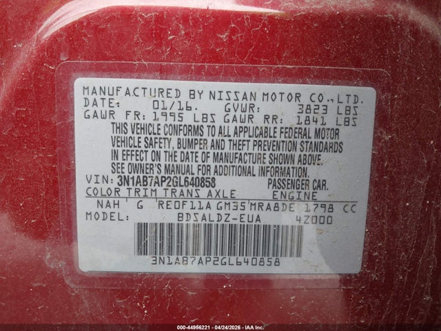 44956221 :رقم المزاد ، 3N1AB7AP2GL640858 vin ، 2016 Nissan Sentra Fe+ S/s/sl/sr/sv مزاد بيع