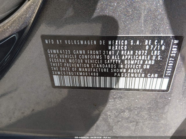 44956226 :رقم المزاد ، 3VWC57BU1KM061488 vin ، 2019 Volkswagen Jetta 1.4t R-line/1.4t S/1.4t Se مزاد بيع