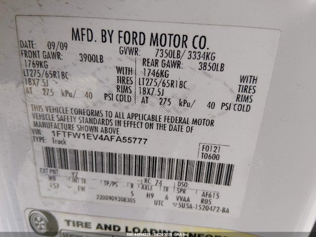 Продажа на аукционе авто 2010 Ford F-150 Fx4/harley-davidson/king Ranch/lariat/platinum/xl/xlt, vin: 1FTFW1EV4AFA55777, номер лота: 44956228