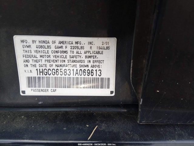 Aukcja sprzedaży 2001 Honda Accord 2.3 Ex, vin: 1HGCG65831A069613, numer aukcji: 44956236