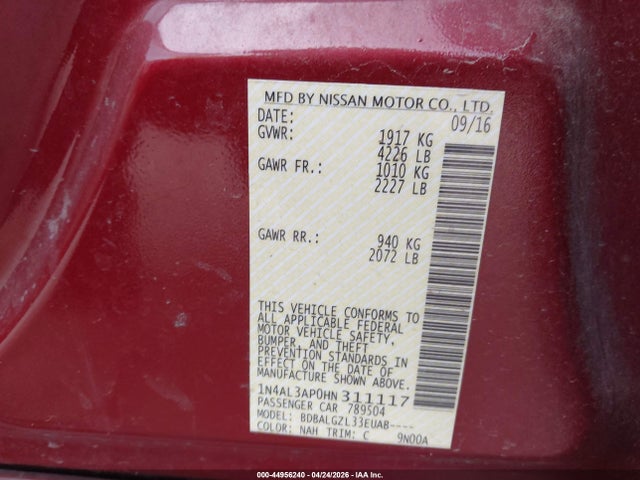 Продаж на аукціоні авто 2017 Nissan Altima 2.5 S, vin: 1N4AL3AP0HN311117, номер лоту: 44956240