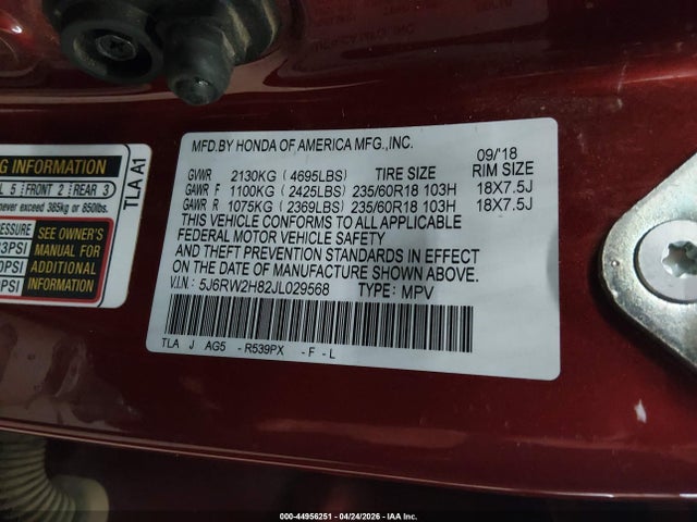 2018 Honda Cr-v Ex-l/ex-l Navi მანქანა იყიდება აუქციონზე, vin: 5J6RW2H82JL029568, აუქციონის ნომერი: 44956251