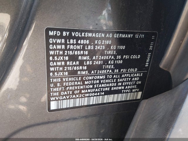 2012 Volkswagen Tiguan Le მანქანა იყიდება აუქციონზე, vin: WVGAV7AX2CW004414, აუქციონის ნომერი: 44956260