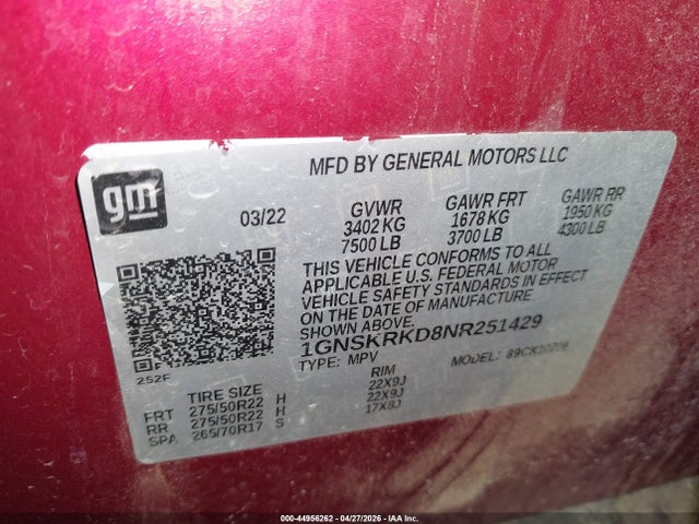 Продаж на аукціоні авто 2022 Chevrolet Tahoe 4wd Rst, vin: 1GNSKRKD8NR251429, номер лоту: 44956262