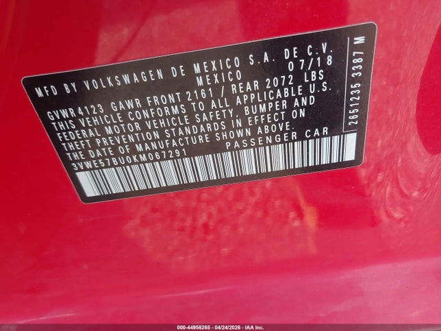 Продаж на аукціоні авто 2019 Volkswagen Jetta 1.4t Sel, vin: 3VWE57BU0KM067291, номер лоту: 44956265